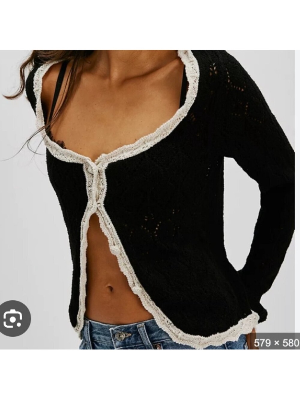 NWOT Free People Adelene Cardigan Black Pointelle Lace Trim Cotton Linen Boho XL - Picture 2 of 10